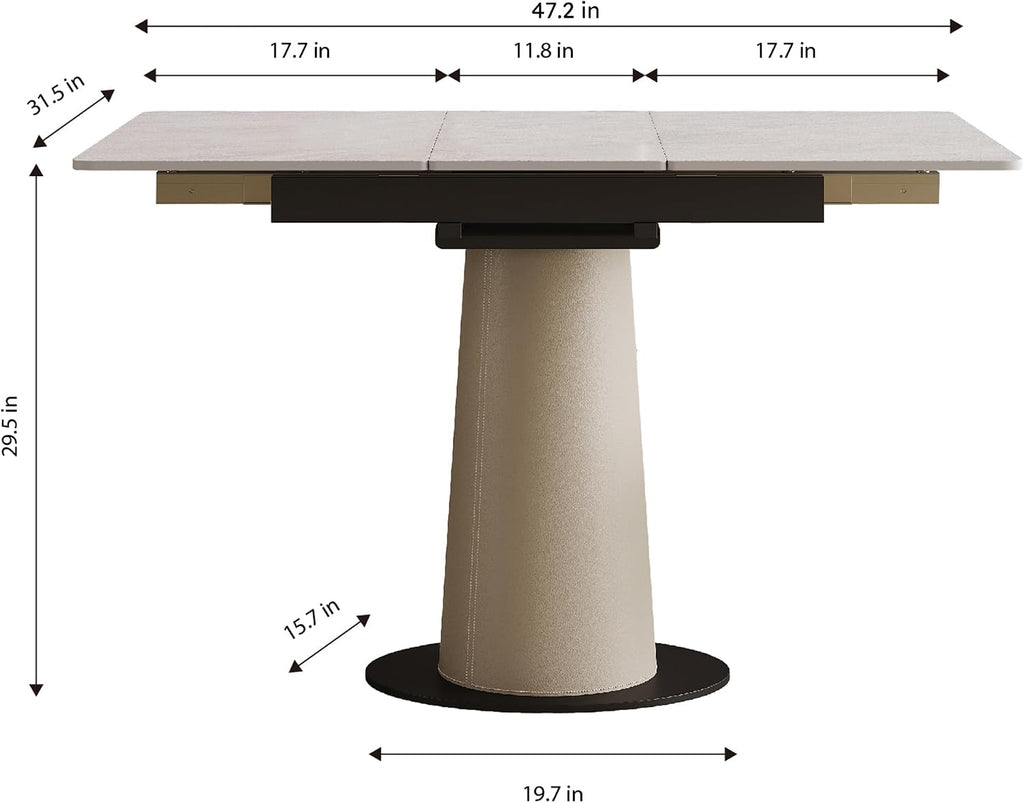 47.2" Retractable Rock Slab Folding Dining Table, Modern Expandable Kitchen Table with Leather-Wrapped Stainless Steel Base, Space Saving Square Dining Table for Small Apartments