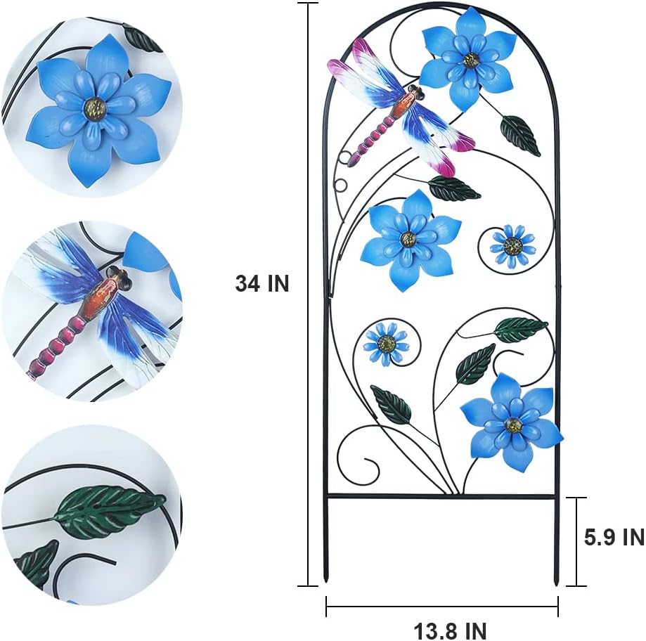 Garden Decor for Outside, YEAHOME 34 Inch Decorative Garden Stakes with Flowers Dragonflies, Metal Spring Yard Decorations for Outdoor Patio Lawn Backyard Blue