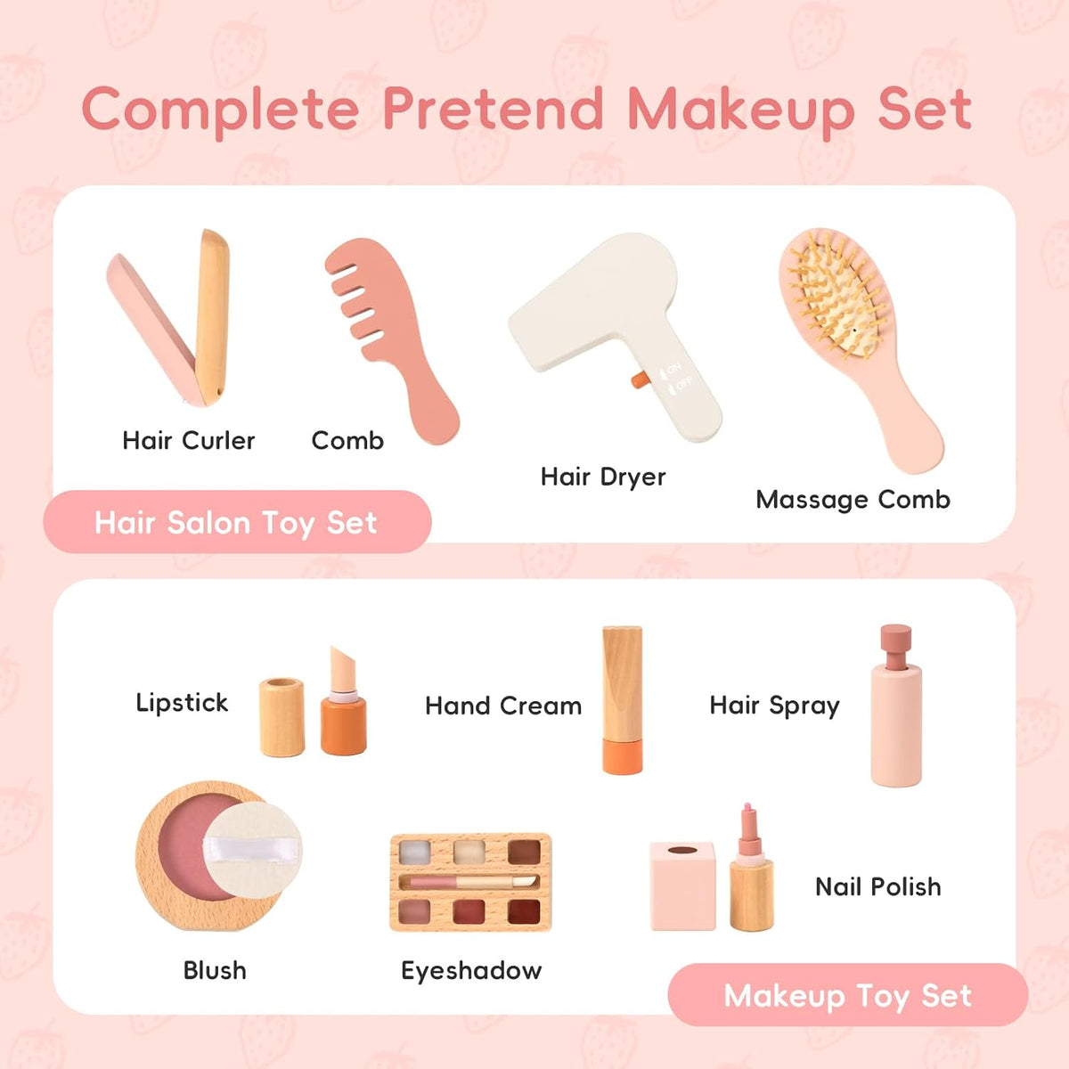 OOOK Toddler Vanity for 3 Year Old with 10pcs Pretend Makeup Accessories | FSC Safety, Kids Vanity and Makeup Table for Kids with Drawer, Pink Strawberry-Themed, Ideal Gift Choice for Girls Aged 3+