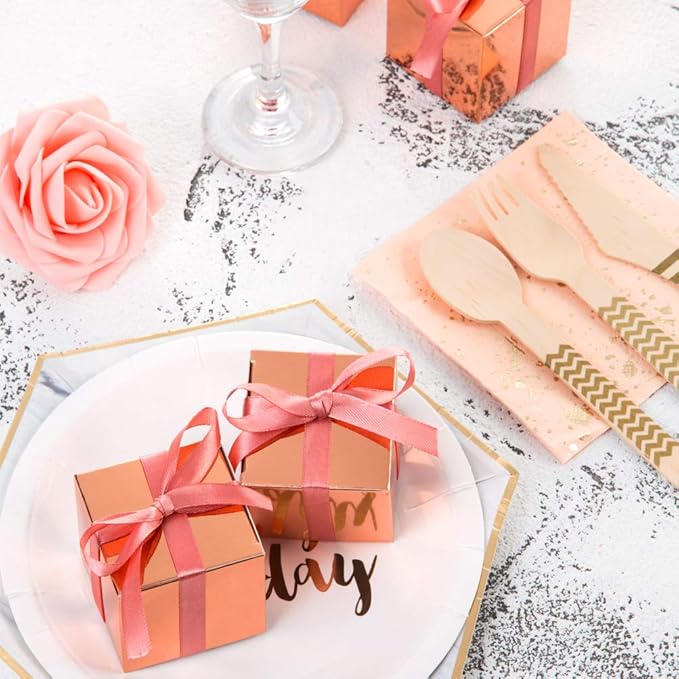 AWELL Rose Gold Gift Candy Box Bulk 2x2x2 inches with Vintage Pink Ribbon Party Favor Box,Pack of 50
