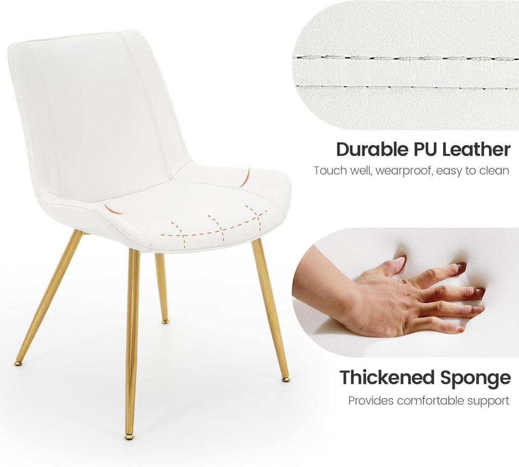 Dining Chairs Set of 2 PU Leather Armless Pearl White, Gold Legs | Fits Dining Rooms, Kitchens, Waiting room, Living rooms, Offices & Cafes, Easy to Clean Easy to assemble Adjustable Foot Pads