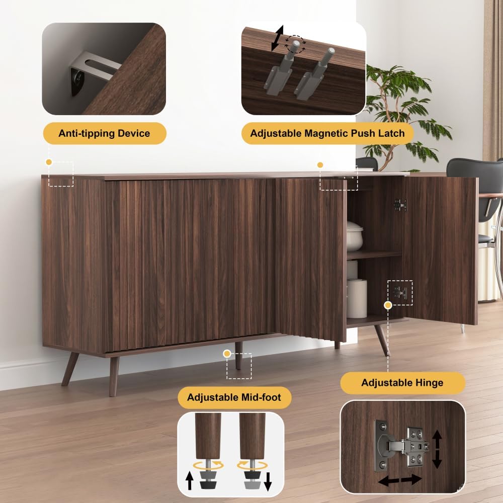 Sideboard Buffet Cabinet with Storage, Long Sideboard Storage Cabinet with 4 Doors, Wood Credenza Console Coffee Bar Cabinets with Adjustable Shelves for Living Room Kitchen Dining Room Walnut