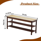 Bamboo Entryway Bench with Woven Rattan Seat, 2-Tier Shoe Storage Bench for Hallway & Entryway 39.4 inches Walnut