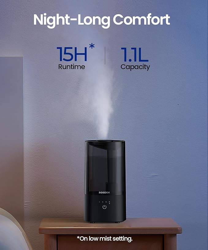 Humidifiers for Bedroom (1.1L), Small Cool Mist Humidifier for Home Plant and Baby Nursery, Quiet Ultrasonic Humidifier with 360° Nozzle, Auto Shut-Off, Filterless, Black