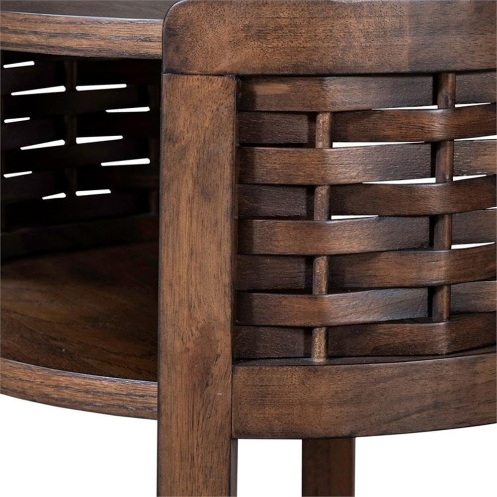 Pemberly Row 3 Piece Round Cocktail and End Table Set, Brown Oak Finish, Rubberwood and Oak Veneer, Basketweave Design, Compact Living Room Furniture Set, Includes Round Coffee Table and 2 End Tables