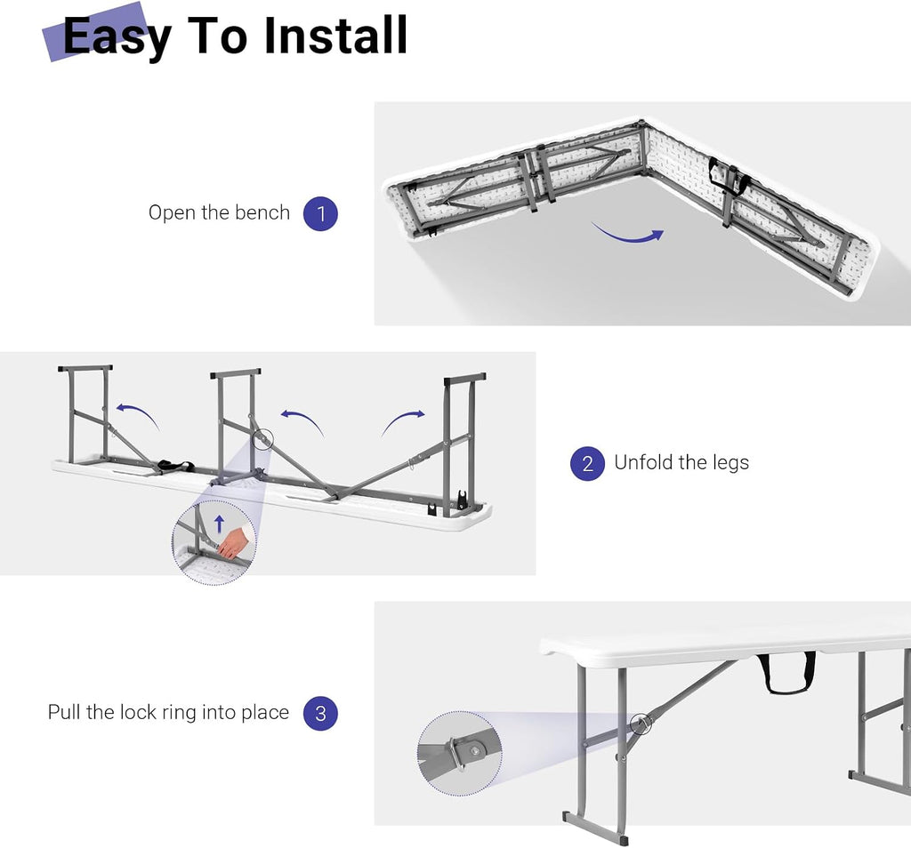 Folding Bench 6ft,Portable Plastic Bench Seat with Handle,White,2 Pack | Heavy Duty HDPE,Powder-Coated Steel Legs,Strong Weight Support,Indoor Outdoor for Parties,Gatherings,Dining,Camping,Events