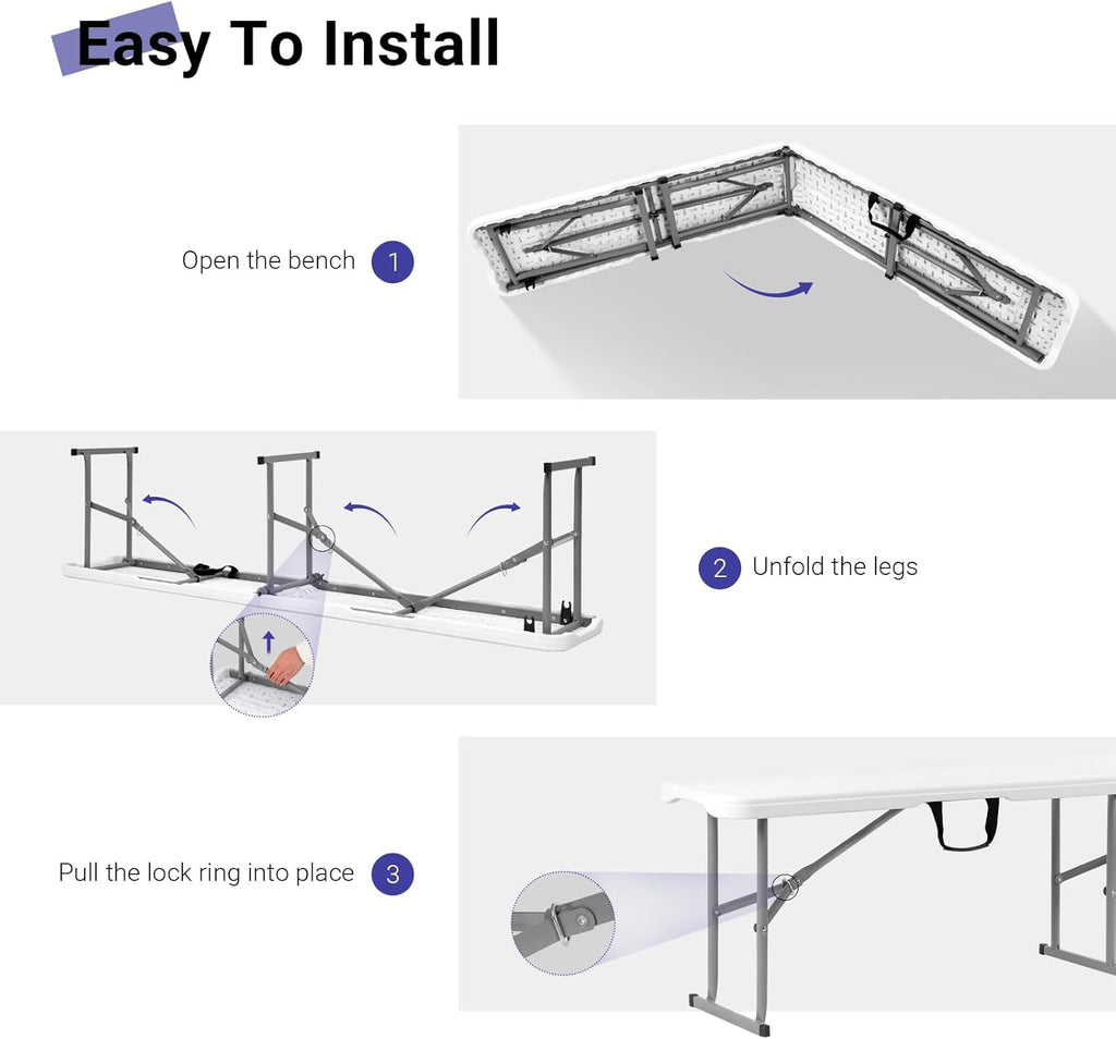 Byliable Folding Bench 6ft,Portable Plastic Bench Seat with Handle,White | Heavy Duty HDPE,Powder-Coated Steel Legs,Strong Weight Support,Indoor Outdoor for Parties,Gatherings,Dining,Camping,Events