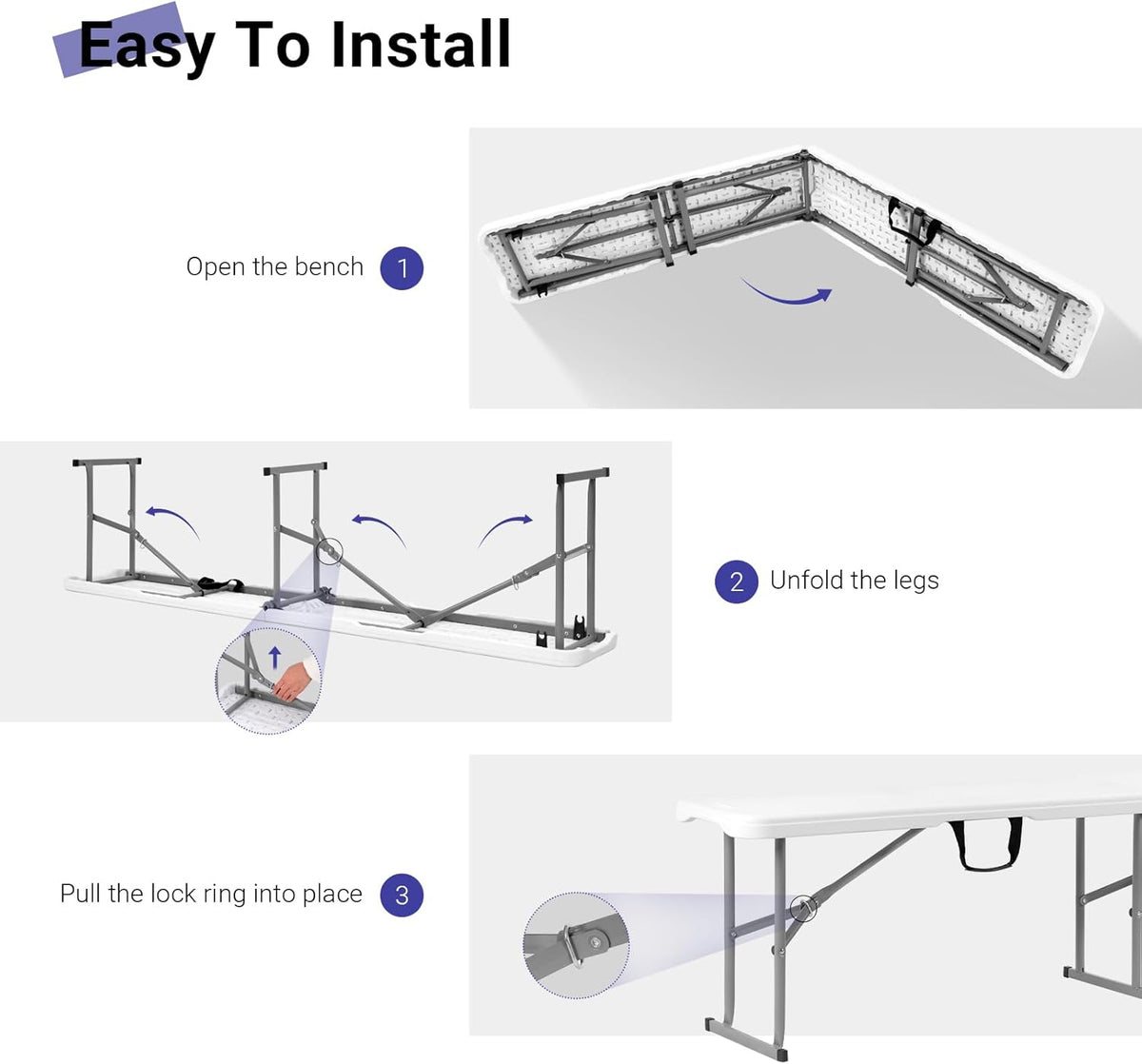 Byliable Folding Bench 6ft,Portable Plastic Bench Seat with Handle,White | Heavy Duty HDPE,Powder-Coated Steel Legs,Strong Weight Support,Indoor Outdoor for Parties,Gatherings,Dining,Camping,Events