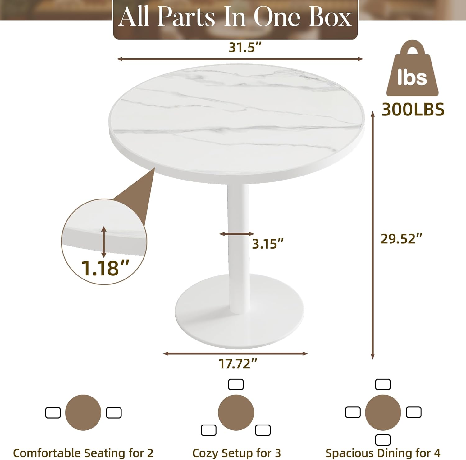 31.5'' Tulip Table, Round Pedestal Dining Table with Sintered Stone Tabletop, White Aluminum Alloy Edge & Base, Bistro Table for 2-4 Person for Kitchen/Cafe/Small Spaces/Restaurant (Snow Peak Marble)