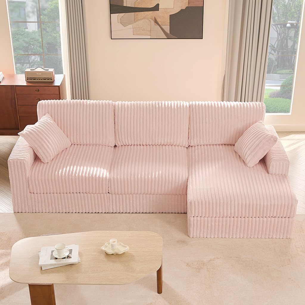 GOSUHI 113" L-Shaped Cloud Couch, Modular Sectional, Deep Seats, Pink | Pocket Spring Cushions, Oversized 3-Seater, Right Facing Chaise, Corduroy Upholstery Couches for Living Room