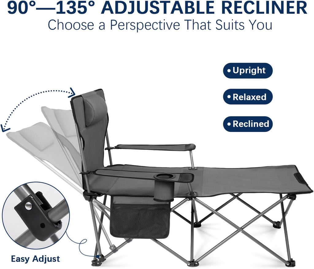apollo walker Reclining Beach Chair, Adjustable 90-135° Backrest Camping Lounge Chairs for Adults, Folding Chair with Foot Rest & Detachable Pillow - Standard 6-Leg, Grey