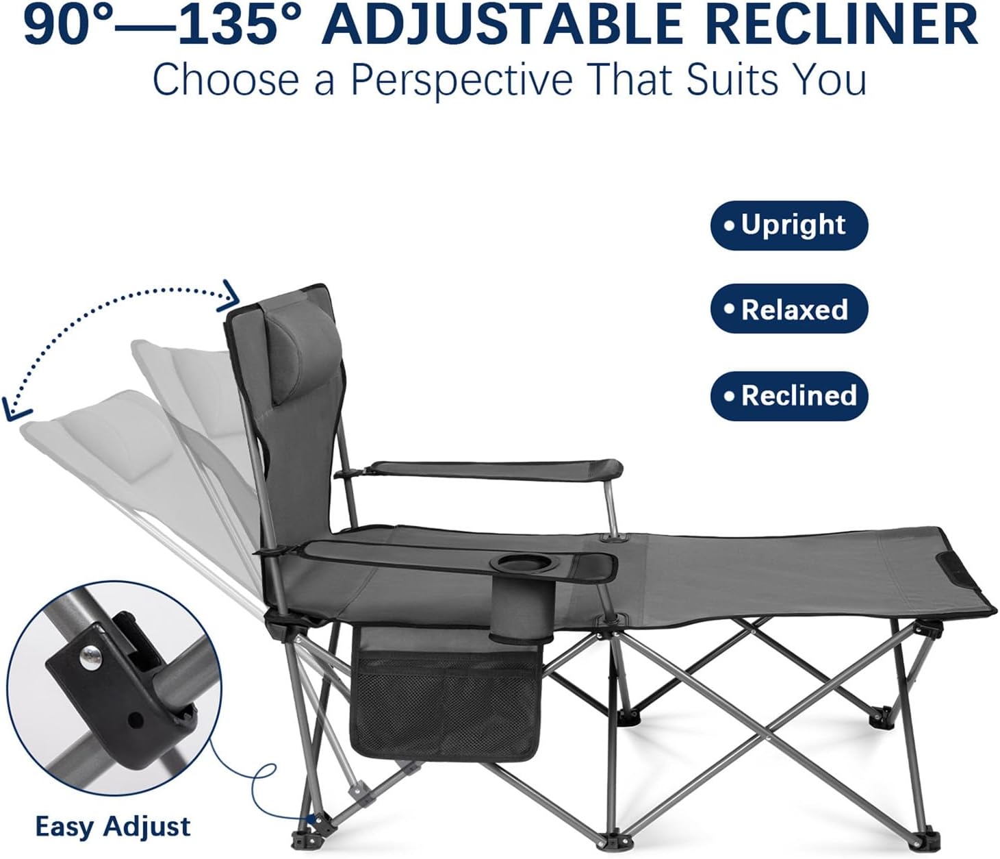 apollo walker Reclining Beach Chair, Adjustable 90-135° Backrest Camping Lounge Chairs for Adults, Folding Chair with Foot Rest & Detachable Pillow - Standard 6-Leg, Grey