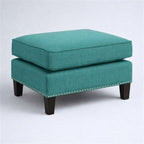 BOWERY HILL Solid Wood Frame Ottoman, Teal Fabric Upholstery, Nail Head Trim, 18" H x 26" W x 21" D, Compact Design, Lightweight, Modern Living Room Accent Piece, Supports Up to 500 lbs