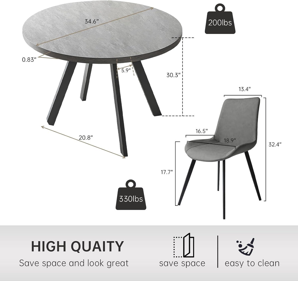Zerifevni Round Dining Table Set, Mid Century Modern Small Round Dining Table Set, Saving Space (Table + 4 Grey Chairs)