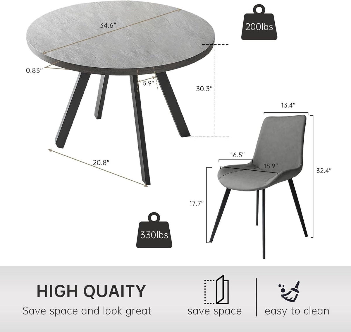 Zerifevni Round Dining Table Set, Mid Century Modern Small Round Dining Table Set, Saving Space (Table + 4 Grey Chairs)