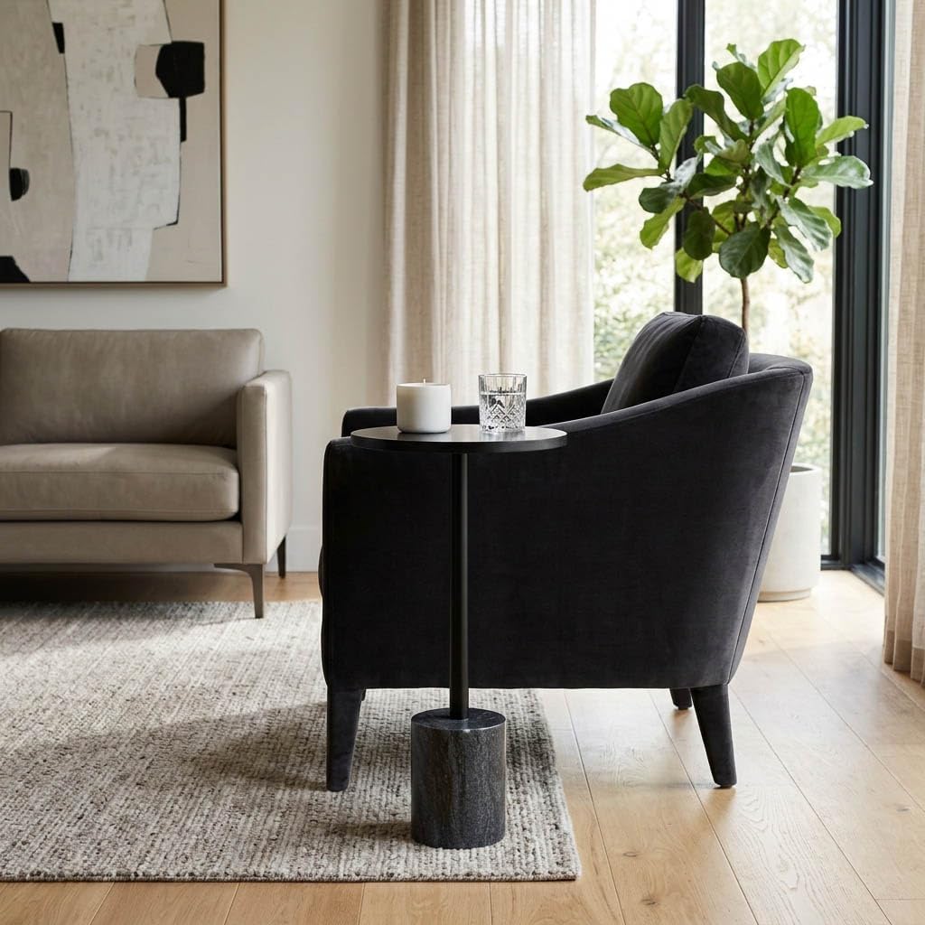 Home Decor End Table, Side Table, or Night Stand - Elegant Slim Metal Accent Table with Marble Top and Base for Bedroom or Living Room - Minimal Design Perfect for Big and Small Spaces - 24" Black