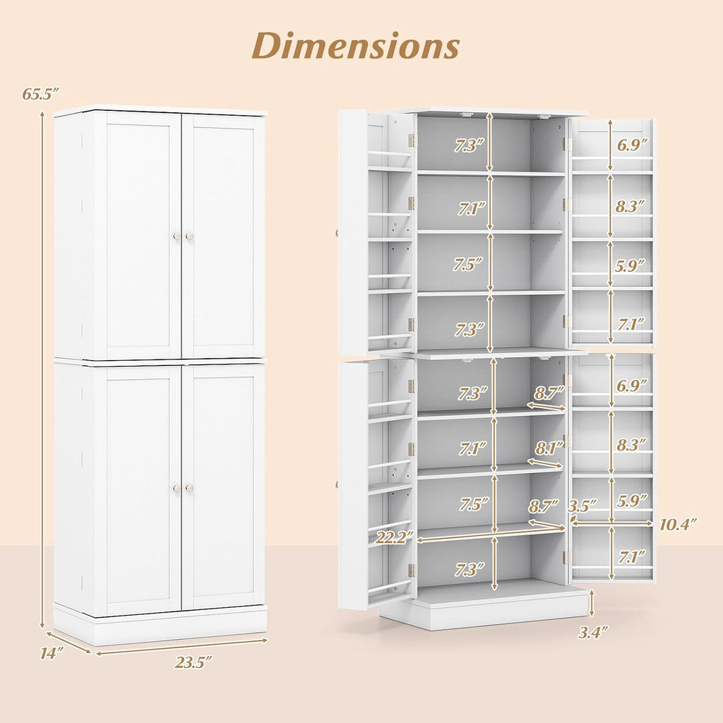 Giantex Kitchen Pantry Cabinet, 65.5" Tall Kitchen Hutch w/8-Tier Storage Cabinet, 16-Tier Door Shelves & Adjustable Shelves, 4-Door Freestanding Buffet Sideboard for Dining Room, Living Room, White