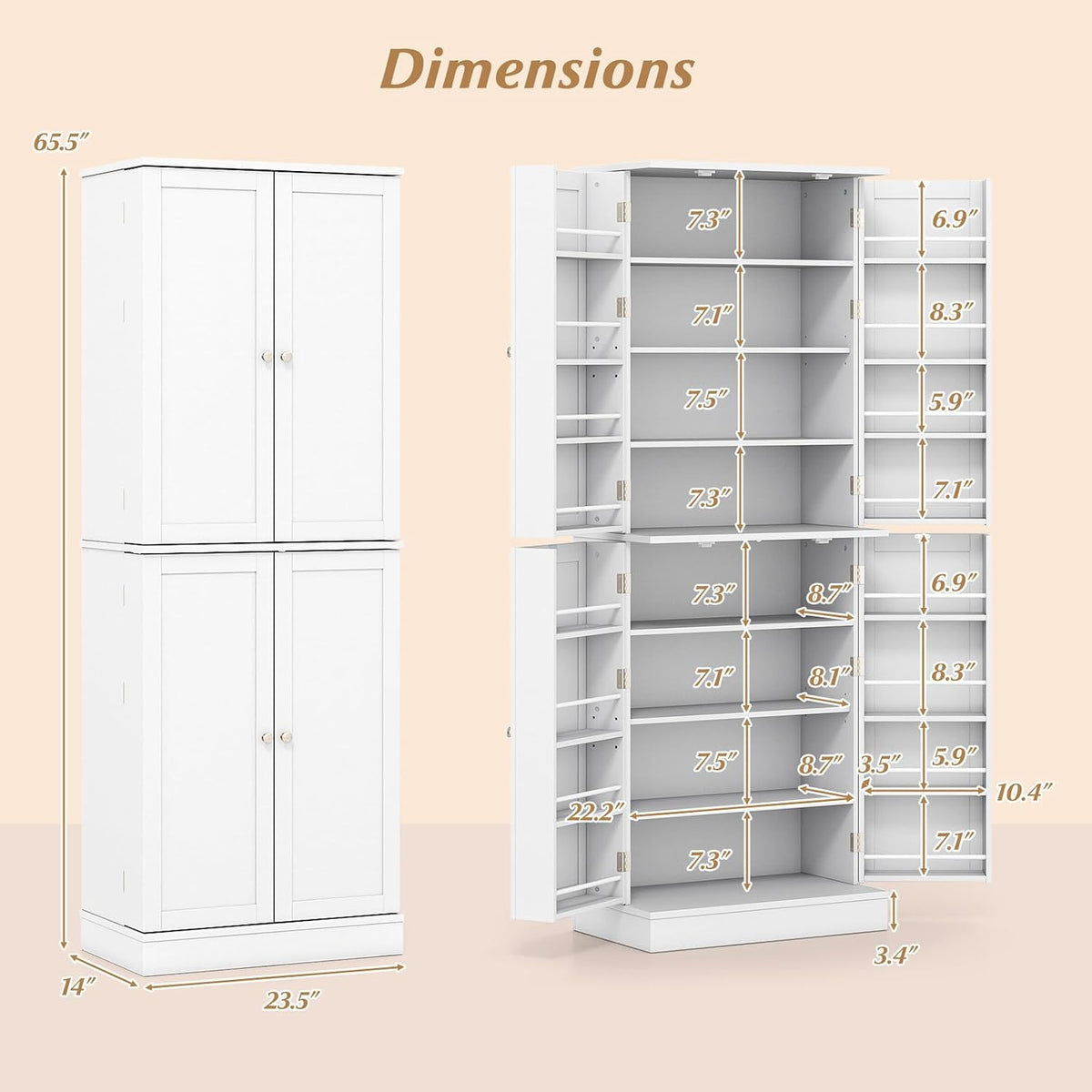 Giantex Kitchen Pantry Cabinet, 65.5" Tall Kitchen Hutch w/8-Tier Storage Cabinet, 16-Tier Door Shelves & Adjustable Shelves, 4-Door Freestanding Buffet Sideboard for Dining Room, Living Room, White