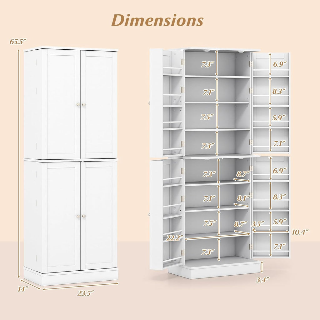 Byroce 65.5” Kitchen Pantry Cabinet, Storage Cabinet with 4 Doors & 8-Tier Shelves, Freestanding Kitchen Hutch Cupboard with Baffle, Tall Buffet Sideboard for Dining Room & Living Room (White)