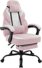 Gaming Chair for Adults with Massage Lumbar Suppor, Fabric Pink | Footrest