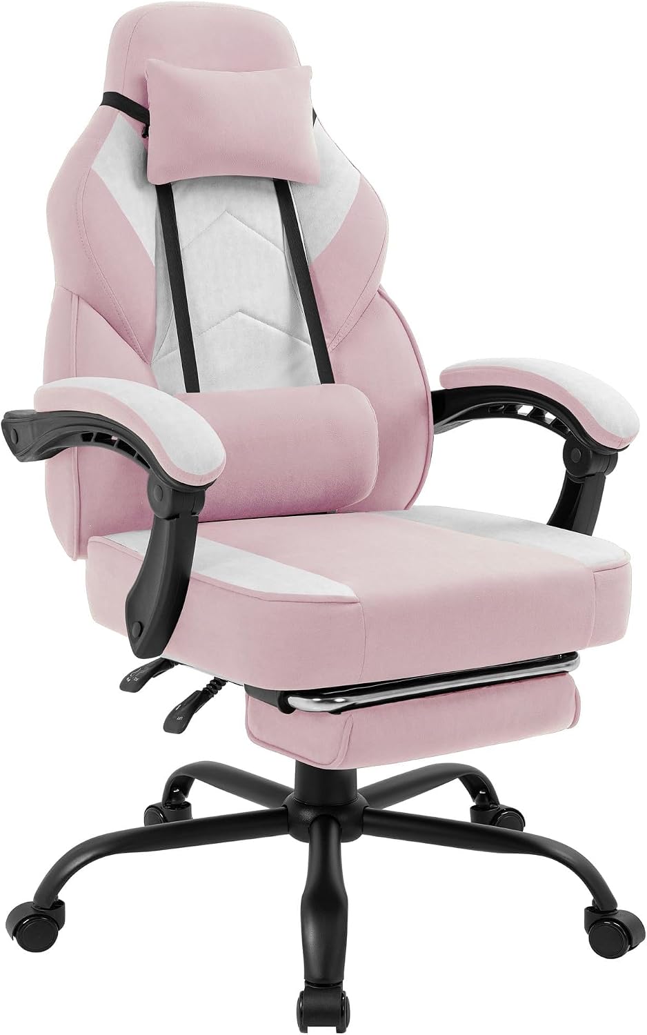 Gaming Chair for Adults with Massage Lumbar Suppor, Fabric Pink | Footrest