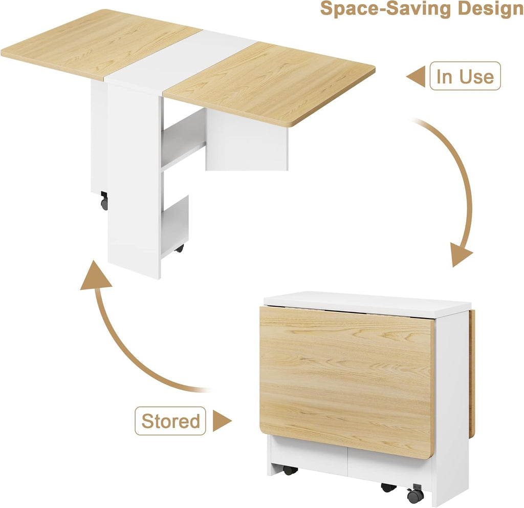 GAOMON Folding Dining Table Drop Leaf, Extendable Kitchen Table for 4 with 2-Tier Storage Shelves, Space Saving Collapsible Rectangle Table on Wheels for Small Spaces, Dining Room Office Furniture