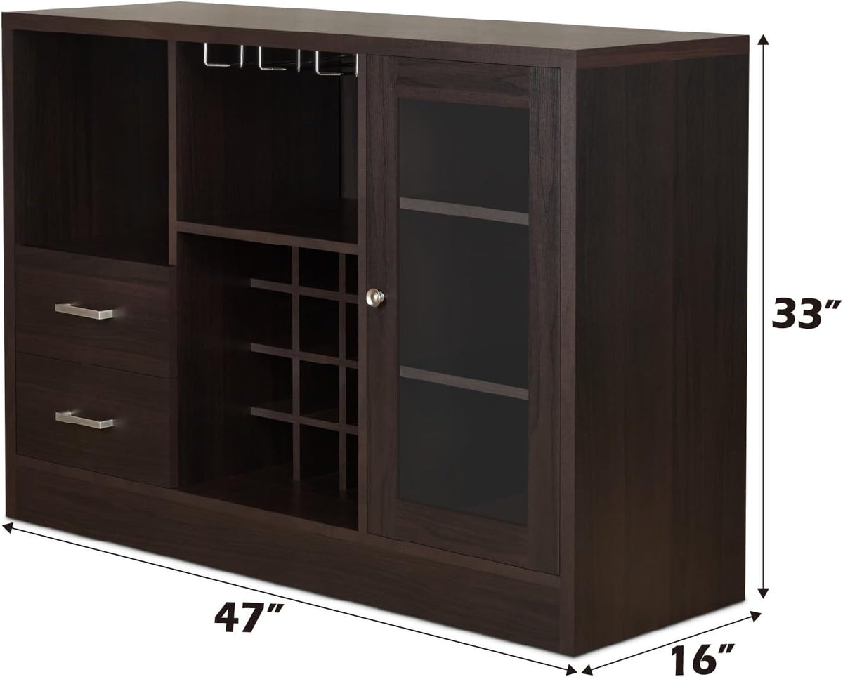 Knocbel Wooden Storage Wine Cabinet with Glass Door and 2 Interior Shelves, Console Table Buffet Sideboard Server with Drawers and Open Compartments for Kitchen 16" D x 47" W x 33" H Espresso