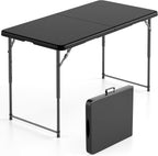 SKONYON 4 Foot Folding Table Heavy Duty Portable Fold-in-Half Plastic Utility Table Small Indoor Outdoor Adjustable Height Card Table with Carrying Handle, Camping and Party, Black