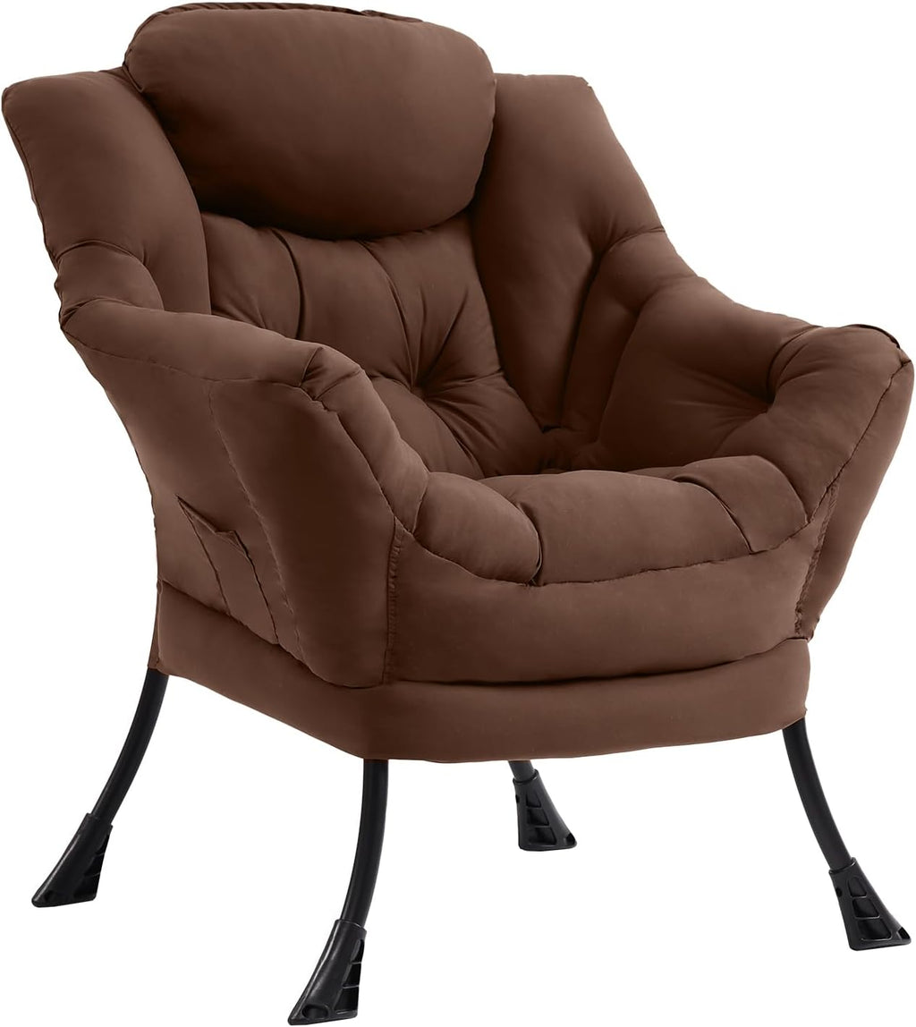Furlide Lazy Chair for Living Room, Modern Accent Chairs with Armrests, Dark Brown Armchairs with Side Pocket, Cozy Lazy Sofa for Reading, Balcony, Bedroom, Dorm, Small Spaces