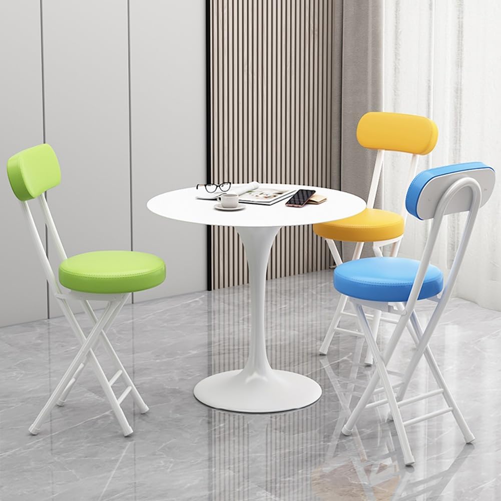 Folding Stool with Backrest, Cushioned Padded Leather Round Portable Foldable Bar Stool Chair for Kitchen(Light Brown)