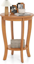 GOFLAME 2-Tier Round End Table, 18” Sofa Side Table with Storage Shelf, Floor Tea Table with Solid Wood Legs, Compact Nightstand for Small Space, Living Room, Bedroom, Light Brown
