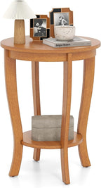 GOFLAME 2-Tier Round End Table, 18” Sofa Side Table with Storage Shelf, Floor Tea Table with Solid Wood Legs, Compact Nightstand for Small Space, Living Room, Bedroom, Light Brown