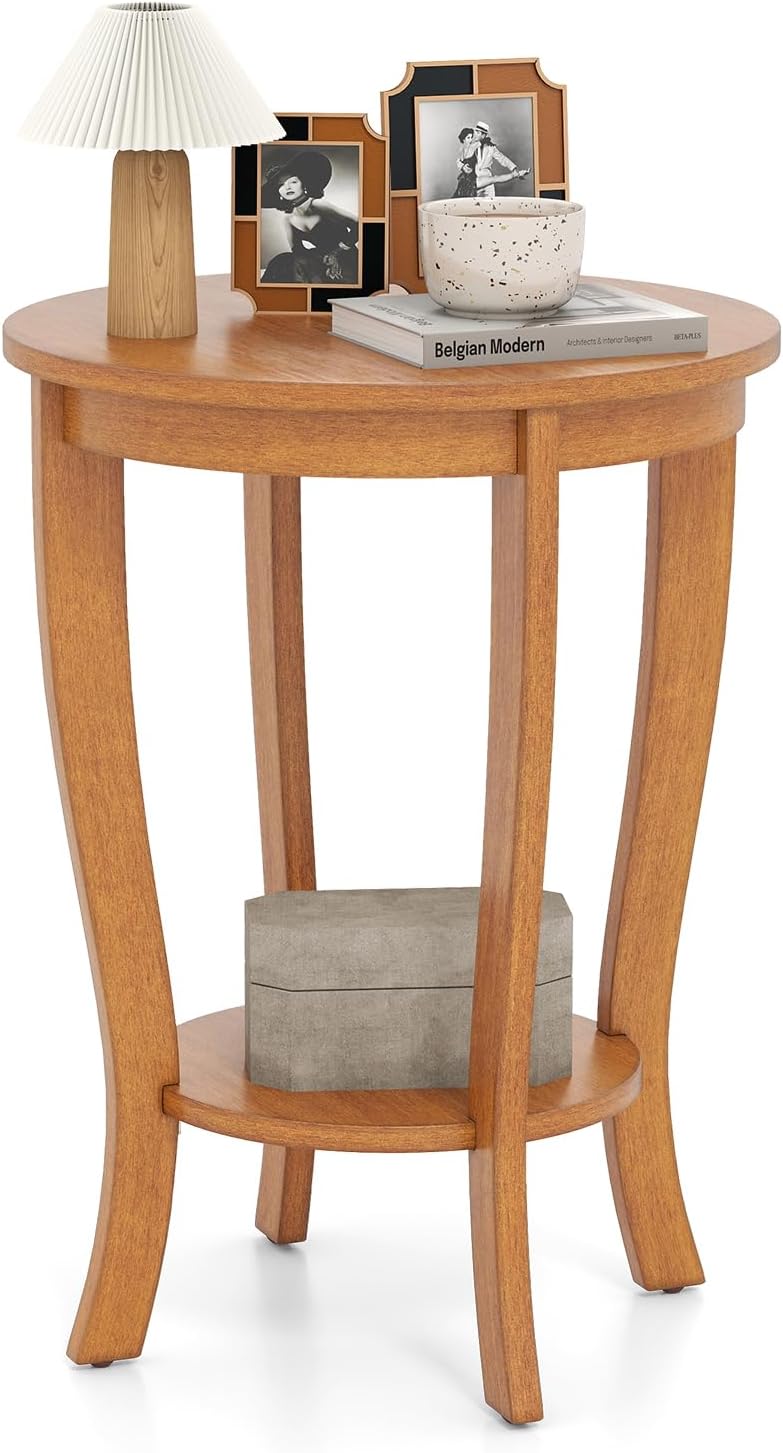 GOFLAME 2-Tier Round End Table, 18” Sofa Side Table with Storage Shelf, Floor Tea Table with Solid Wood Legs, Compact Nightstand for Small Space, Living Room, Bedroom, Light Brown