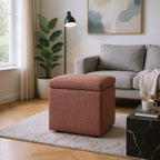 Brown Linen-Textured Ottoman with Storage, 42×42×44 cm Square Foot Rest Stool, Upholstered Cube Seat with Hidden Compartment for Living Room Bedroom Entryway, Black Rubber Feet