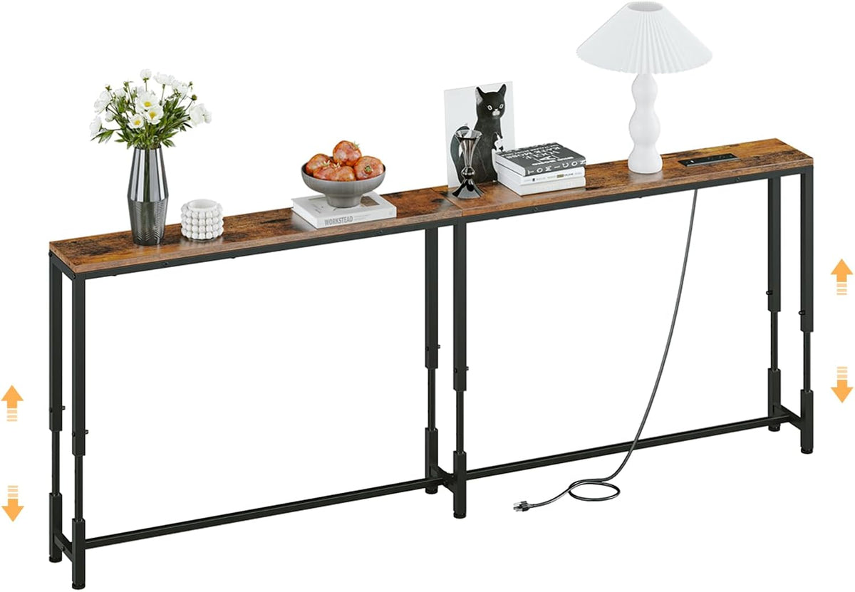 86.6" Behind Couch Table Adjustable Height 23.8~34.8" with Charging Station, 5.9" Narrow Console Table Skinny, Anti-Collision Pads, Anti-Tipping Kit for Living Room