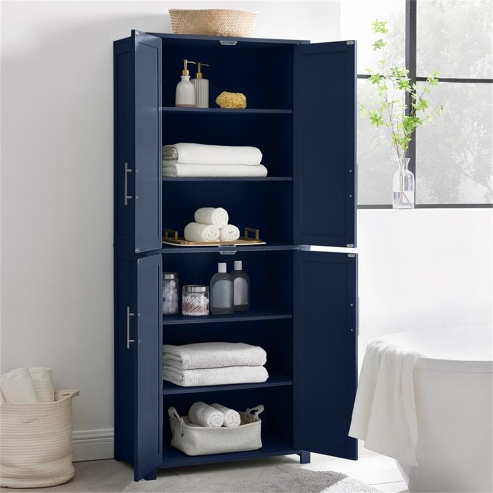 Pemberly Row Traditional Wood Kitchen Storage Pantry, Navy Finish, MDF and Birch Veneer, 67" H x 28" W x 15" D, Adjustable Shelves, Shaker-Style Doors, Brushed Nickel Hardware, Home and Kitchen