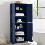Pemberly Row Traditional Wood Kitchen Storage Pantry, Navy Finish, MDF and Birch Veneer, 67" H x 28" W x 15" D, Adjustable Shelves, Shaker-Style Doors, Brushed Nickel Hardware, Home and Kitchen