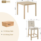 RuiSiSi 5-Piece Counter Height Dining Table Set, Square Dining Table White with 4 Upholstered Chairs, Solid Wood Kitchen Table and Chairs Set for Kitchen, Light Oak + Beige