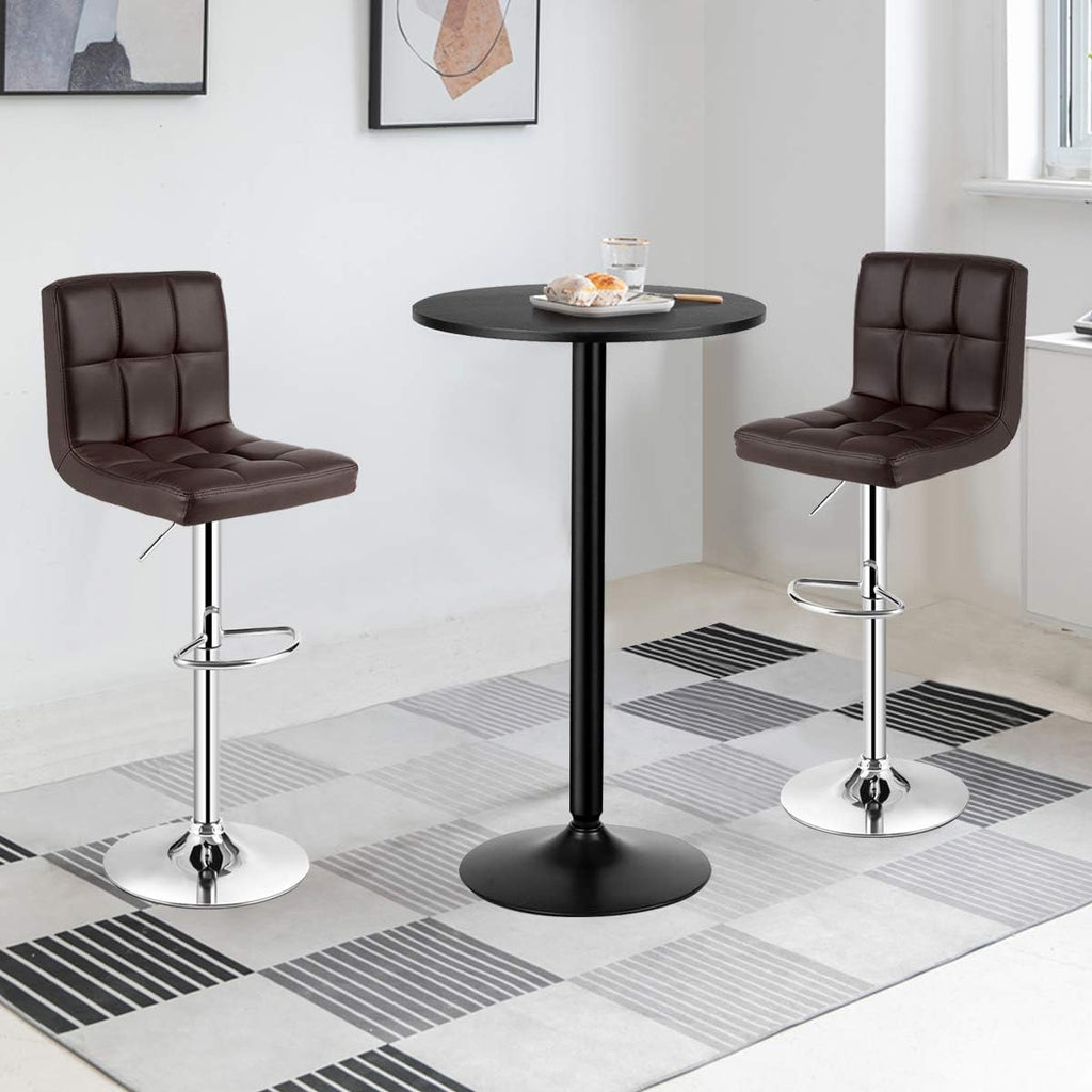 COSTWAY 3-Piece Bar Table Set, Counter Height Table Set with 2 Bar Stools | Round Cocktail Table and PU Leather Adjustable Swivel Chairs, for Kitchen, Office, Brown
