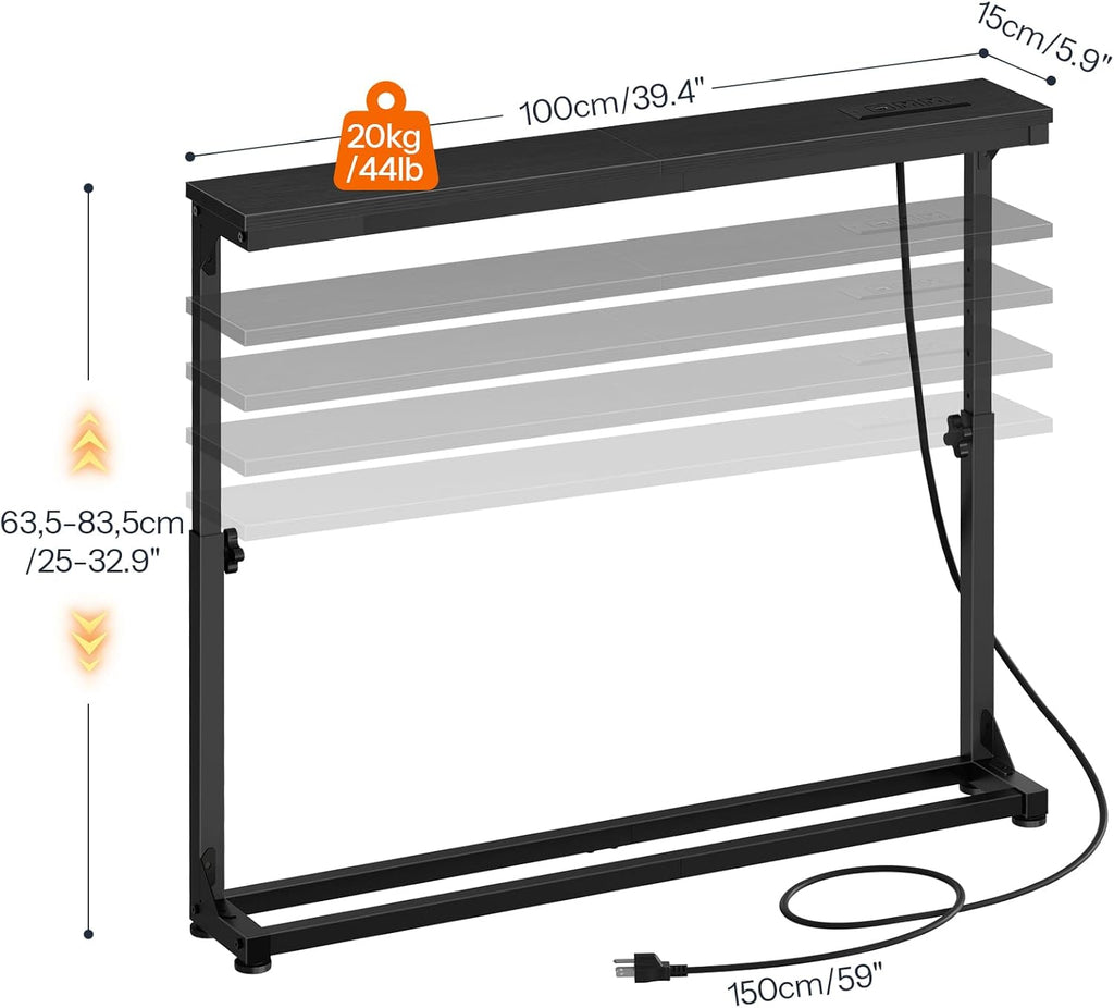 HOOBRO Narrow Console Table with Charging Station, Adjustable Height Sofa Table (25''-32.9''), Slim Behind Couch Table for Small Spaces, Entryway, Living Room, 39.4" Black BB95UXG01