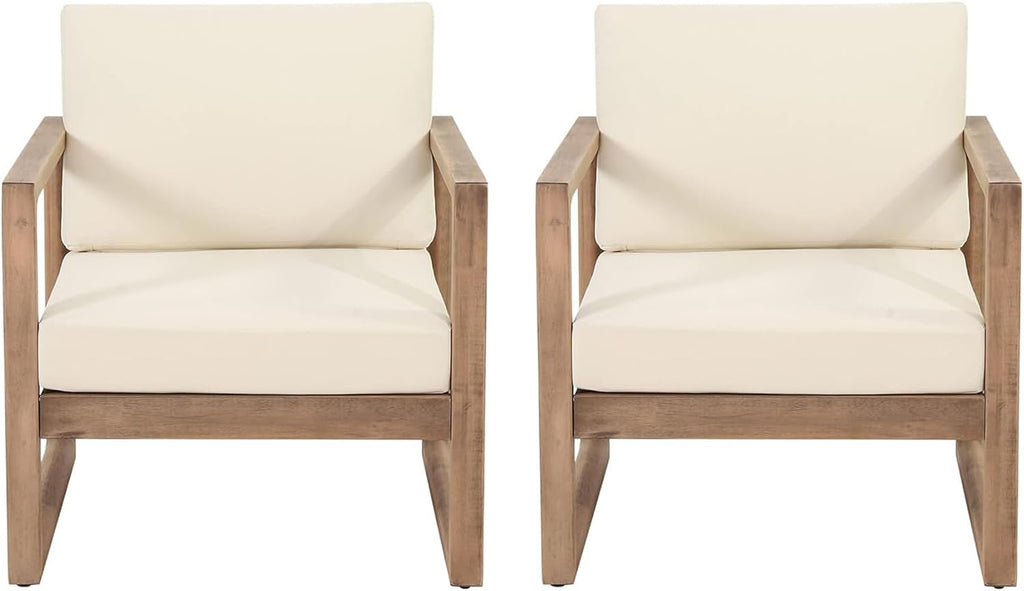 Acacia Wood Patio Club Chair Set of 2 with Water-Resistant Cushions, Outdoor Deep Seating Furniture for Garden, Porch, Backyard, Brown Wash with Beige Cushion