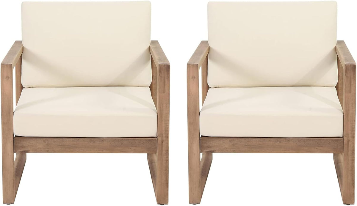 Acacia Wood Patio Club Chair Set of 2 with Water-Resistant Cushions, Outdoor Deep Seating Furniture for Garden, Porch, Backyard, Brown Wash with Beige Cushion