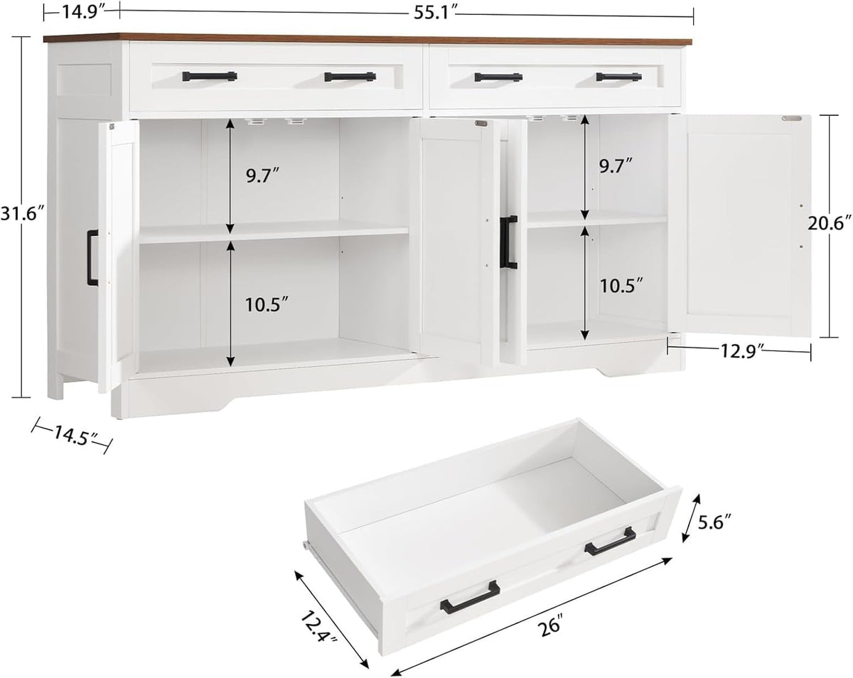 usikey 55" Buffet Cabinet with Storage and Drawers, Large Sideboard Buffet Cabinet with Adjustable Shelves and Doors, Modern Coffee Bar for Kitchen, Living Room, White