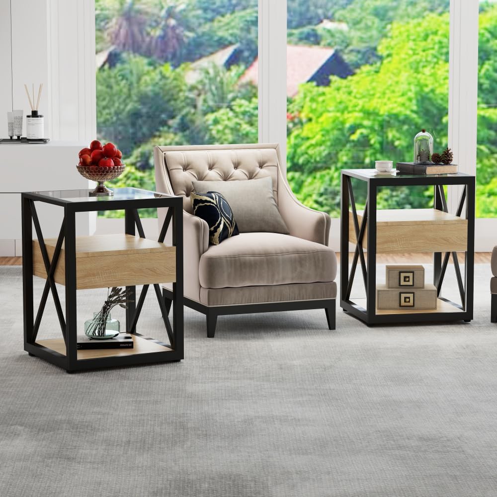 End Table Set of 2, Natural Wood MDF with Tempered Glass Top and Drawer | Industrial-Style Nightstands with Drawer Storage for Bedrooms and Living Rooms; Coordinating Side Table Pair
