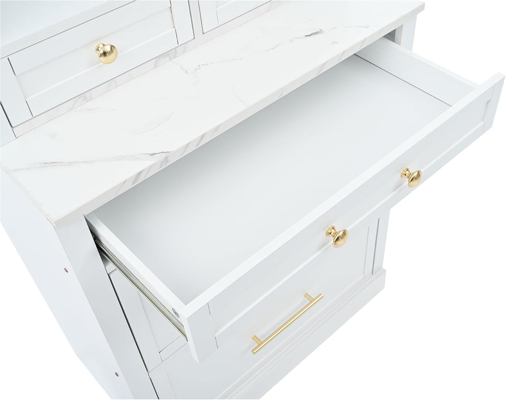 Modern 83.7inch High Kitchen Pantry, Freestanding Tall Kitchen Hutch with Faux Marble Top,Cupboard Cabinet with 5 Storage Drawers and Adjustable Shelf, Set of 2 (White-074)