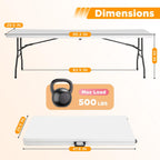 FDW | 8FT Folding Table | White | Portable Plastic Table | with Carry Handle | Waterproof & Foldable Table Design | Steel Frame with Lock | for Events, Camping, Indoor & Outdoor Use