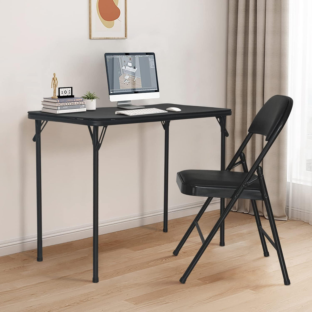 BOOSDEN Folding Card Table and Chairs Set for Indoor Outdoor, 2 Pack, Black | Portable Foldable Table and Chair, Space-saving Table with Chairs Set for Dining, Game, Camping, Apartment