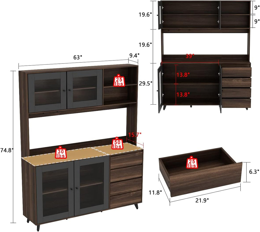 AGOTENI Large Kitchen Hutch Cabinet, Storage Cupboard Pantry with 4 Glass Doors, 4 Drawers & Microwave Shelf, for Kitchen Open Storage, Rustic Brown (63" W x 15.7" D x 74.8" H)