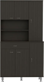 Kitchen Pantry Cabinet, Two Open Shelves, One Drawer, Multiple Cabinets, Black