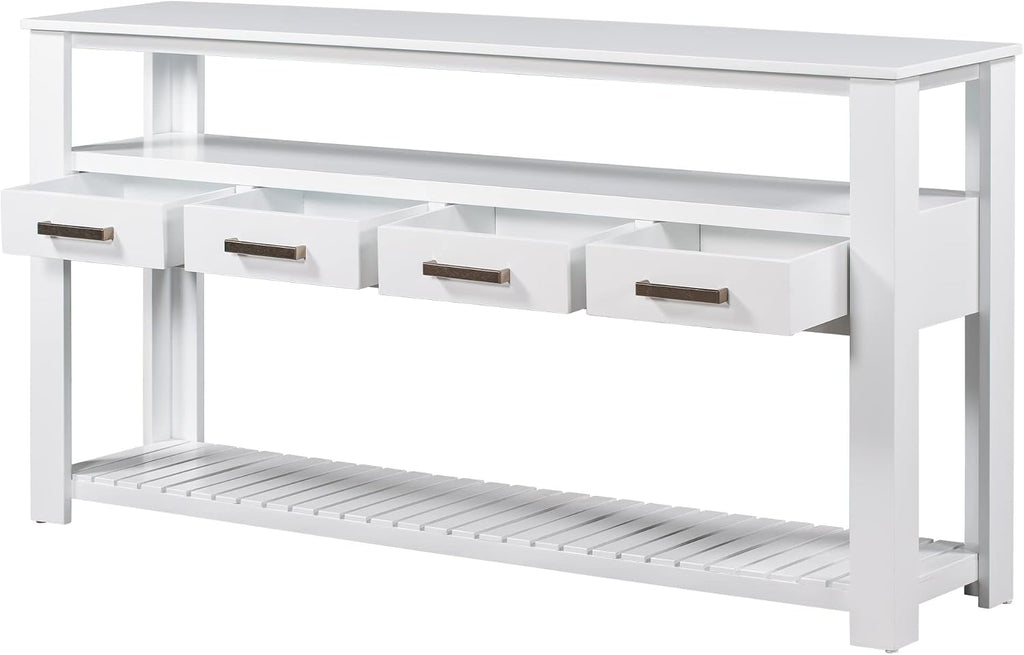 LUMISOL Console Table with 4 Drawers and 3-Tier Open Shelves, Wood Sofa Table Behind Couch with Metal Handles, Entryway Table for Living Room Foyer and Kitchen, White